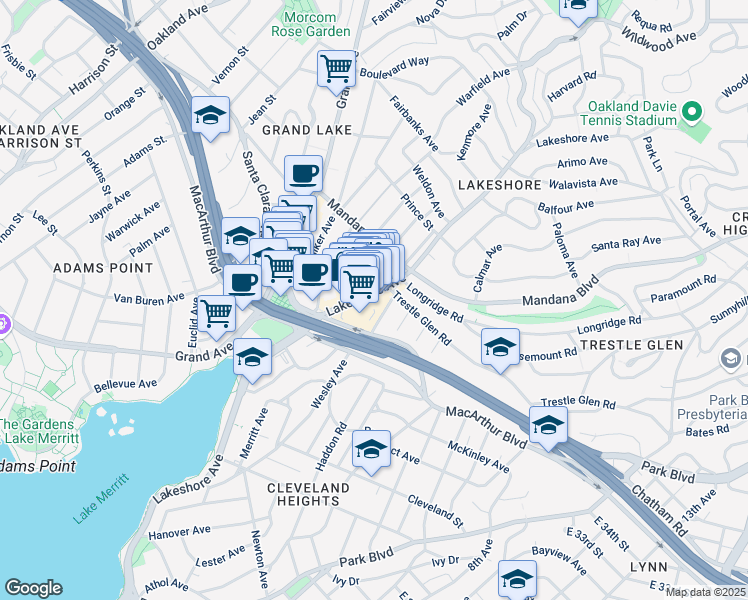 map of restaurants, bars, coffee shops, grocery stores, and more near 3300 Lakeshore Avenue in Oakland