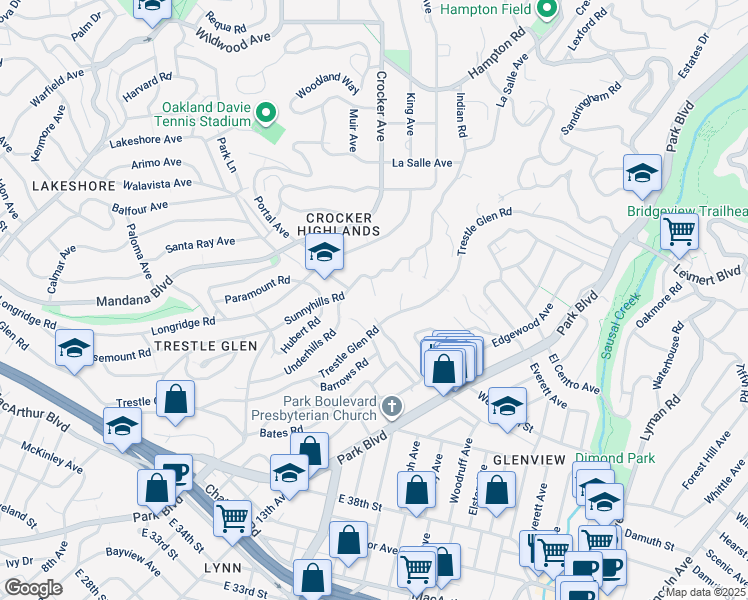 map of restaurants, bars, coffee shops, grocery stores, and more near 1 Hillwood Place in Oakland