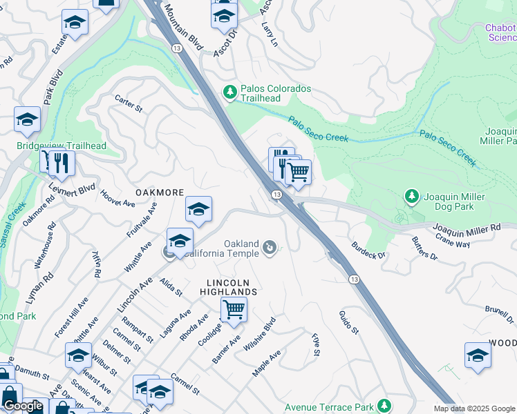 map of restaurants, bars, coffee shops, grocery stores, and more near 4751 Lincoln Avenue in Oakland