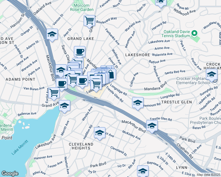 map of restaurants, bars, coffee shops, grocery stores, and more near 632 Trestle Glen Rd in Oakland