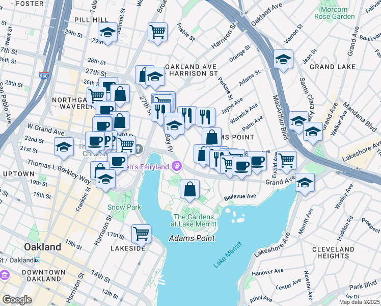 map of restaurants, bars, coffee shops, grocery stores, and more near 330 Park View Terrace in Oakland