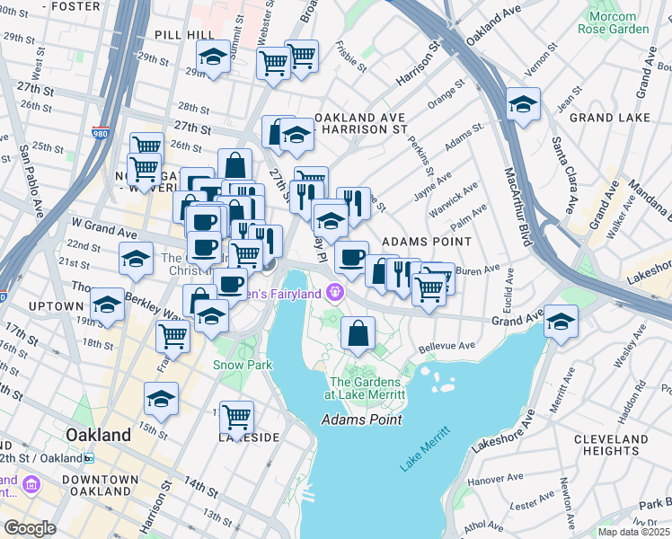 map of restaurants, bars, coffee shops, grocery stores, and more near 214 Grand Avenue in Oakland