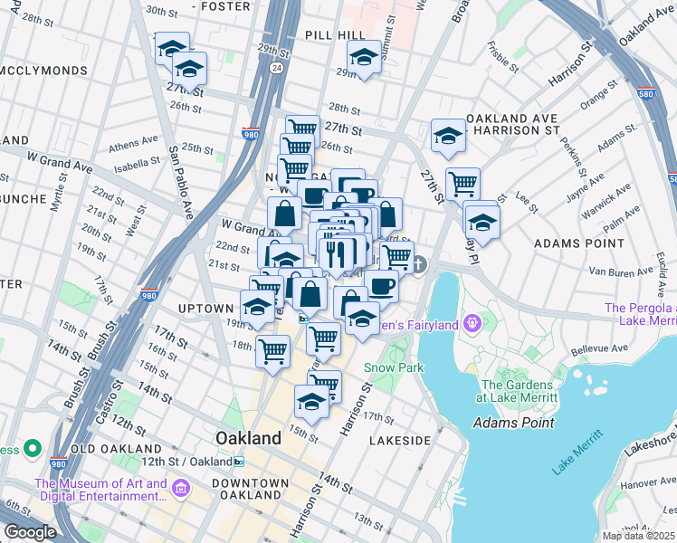 map of restaurants, bars, coffee shops, grocery stores, and more near 41 Grand Avenue in Oakland
