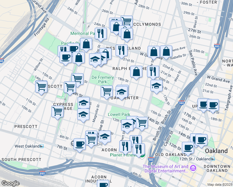 map of restaurants, bars, coffee shops, grocery stores, and more near 1524 Chestnut Street in Oakland