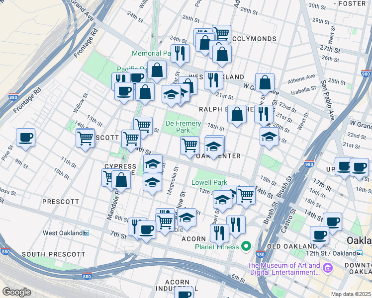 map of restaurants, bars, coffee shops, grocery stores, and more near 1511 Adeline Street in Oakland