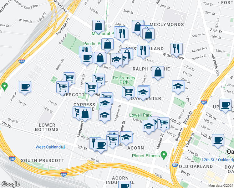 map of restaurants, bars, coffee shops, grocery stores, and more near 1432 Union Street in Oakland