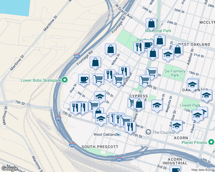 map of restaurants, bars, coffee shops, grocery stores, and more near 1657 12th Street in Oakland