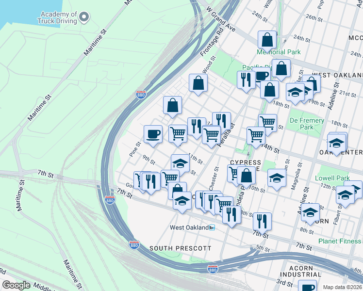 map of restaurants, bars, coffee shops, grocery stores, and more near 1694 11th Street in Oakland
