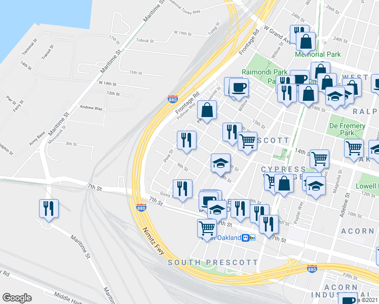 map of restaurants, bars, coffee shops, grocery stores, and more near in Oakland