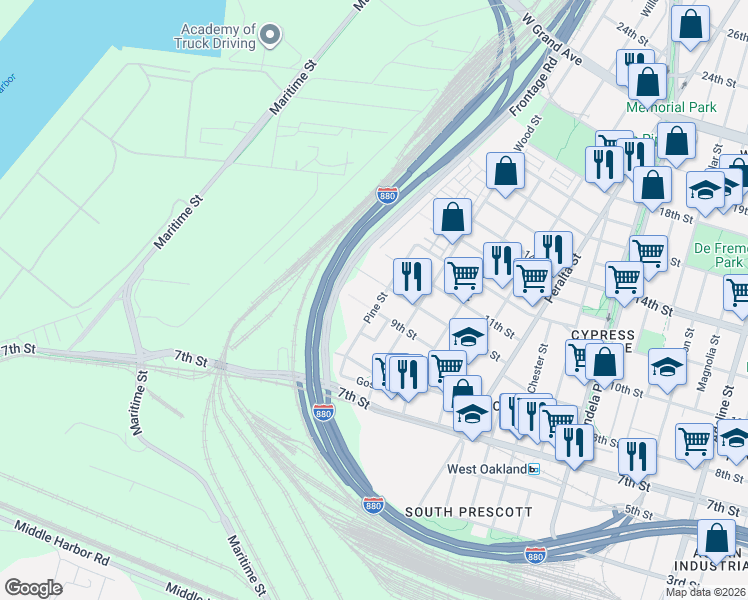 map of restaurants, bars, coffee shops, grocery stores, and more near 1822 9th Street in Oakland