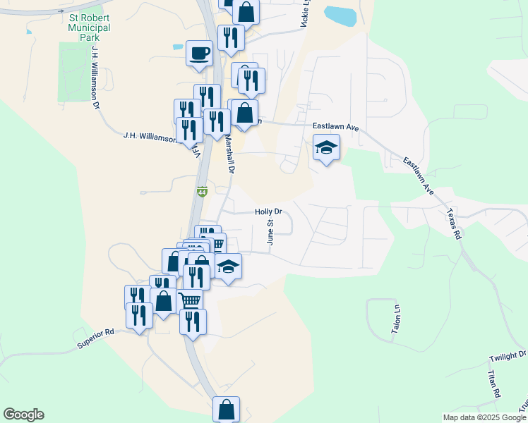 map of restaurants, bars, coffee shops, grocery stores, and more near 121 Holly Drive in Saint Robert