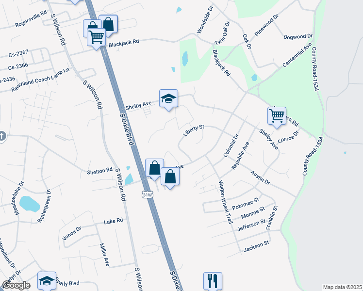 map of restaurants, bars, coffee shops, grocery stores, and more near 2911 Liberty Street in Radcliff