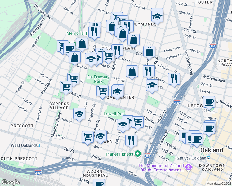 map of restaurants, bars, coffee shops, grocery stores, and more near 1099 16th Street in Oakland