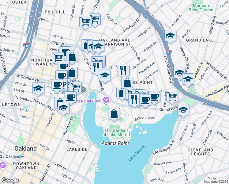 map of restaurants, bars, coffee shops, grocery stores, and more near 320 Park View Terrace in Oakland