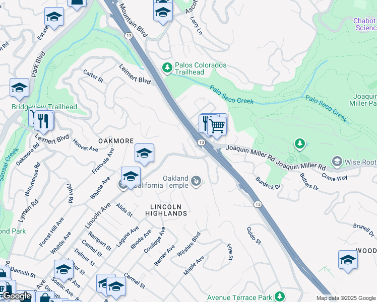 map of restaurants, bars, coffee shops, grocery stores, and more near 4751 Lincoln Avenue in Oakland