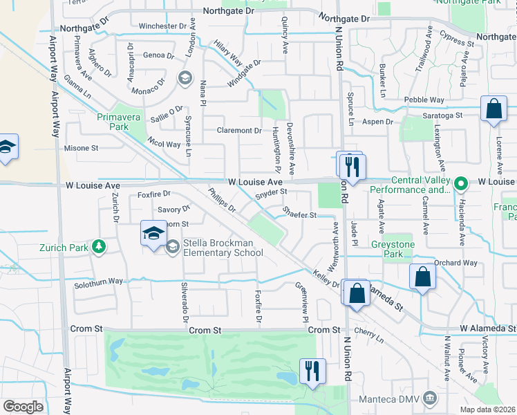 map of restaurants, bars, coffee shops, grocery stores, and more near 1459 Stoker Way in Manteca