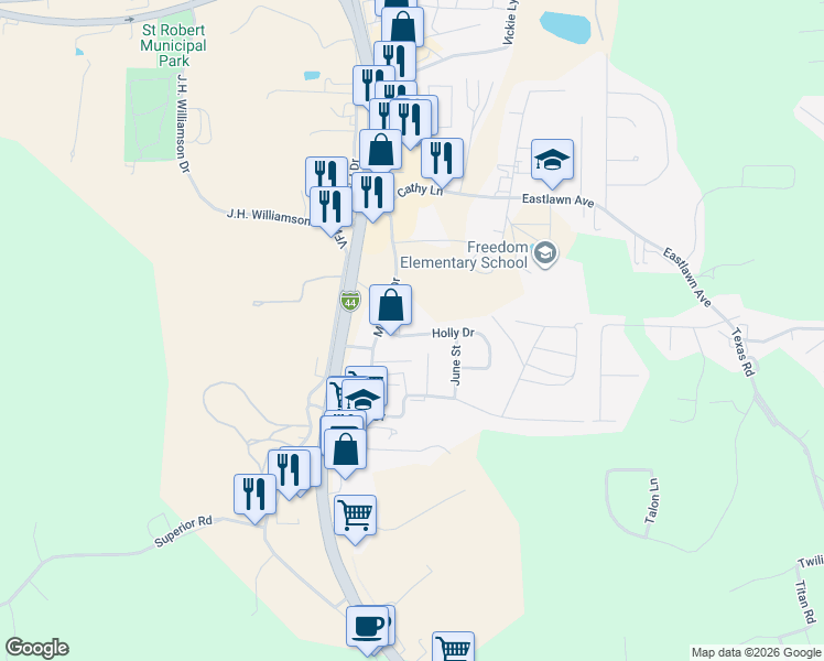 map of restaurants, bars, coffee shops, grocery stores, and more near 110 Holly Drive in Saint Robert