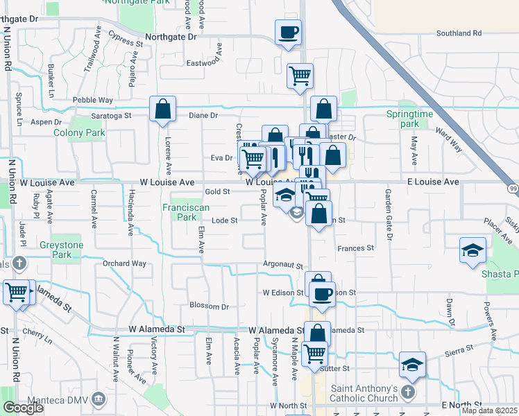 map of restaurants, bars, coffee shops, grocery stores, and more near 406 Ore Street in Manteca