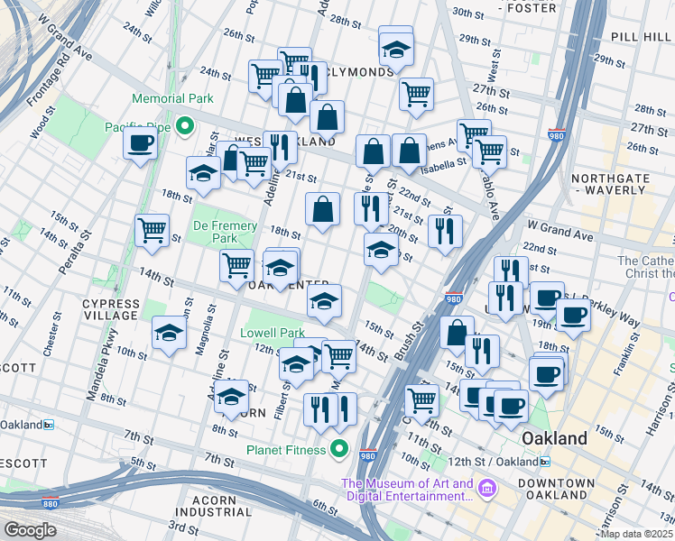 map of restaurants, bars, coffee shops, grocery stores, and more near 1625 Myrtle Street in Oakland