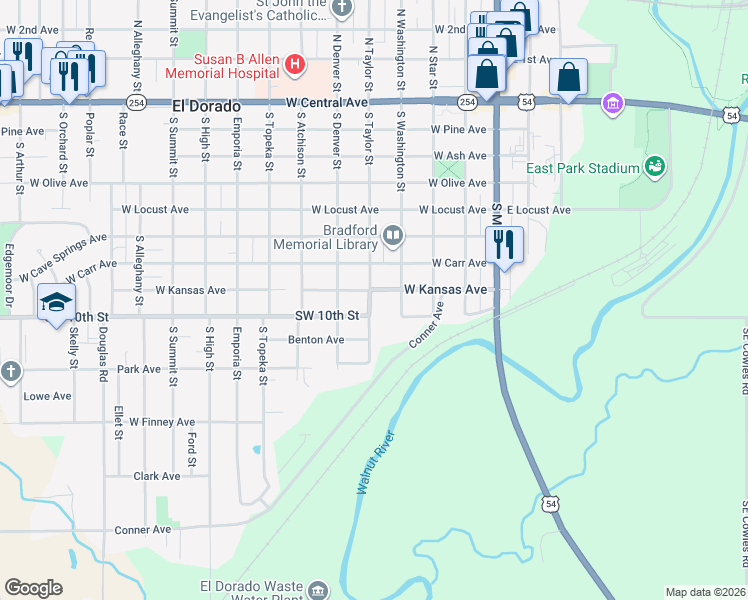 map of restaurants, bars, coffee shops, grocery stores, and more near 826 South Taylor Street in El Dorado