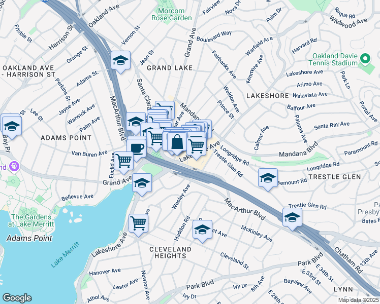 map of restaurants, bars, coffee shops, grocery stores, and more near 3227 Lakeshore Avenue in Oakland