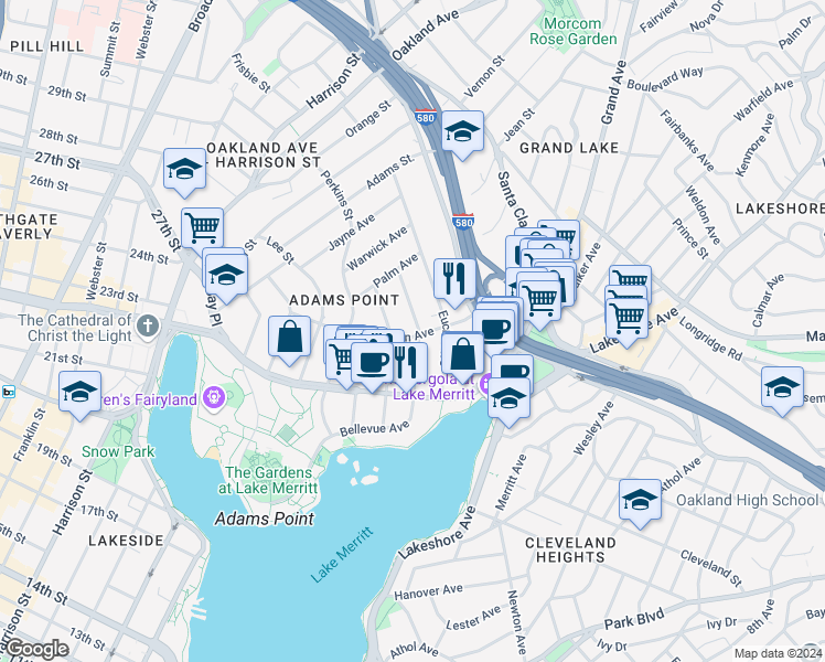 map of restaurants, bars, coffee shops, grocery stores, and more near 408 Van Buren Avenue in Oakland