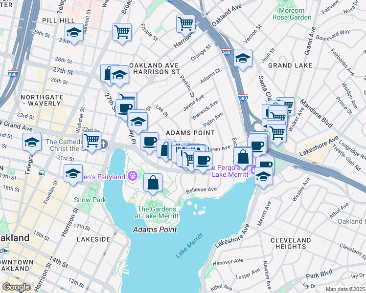 map of restaurants, bars, coffee shops, grocery stores, and more near 406 Lee Street in Oakland