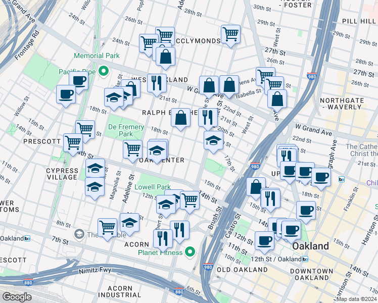 map of restaurants, bars, coffee shops, grocery stores, and more near 954 16th Street in Oakland