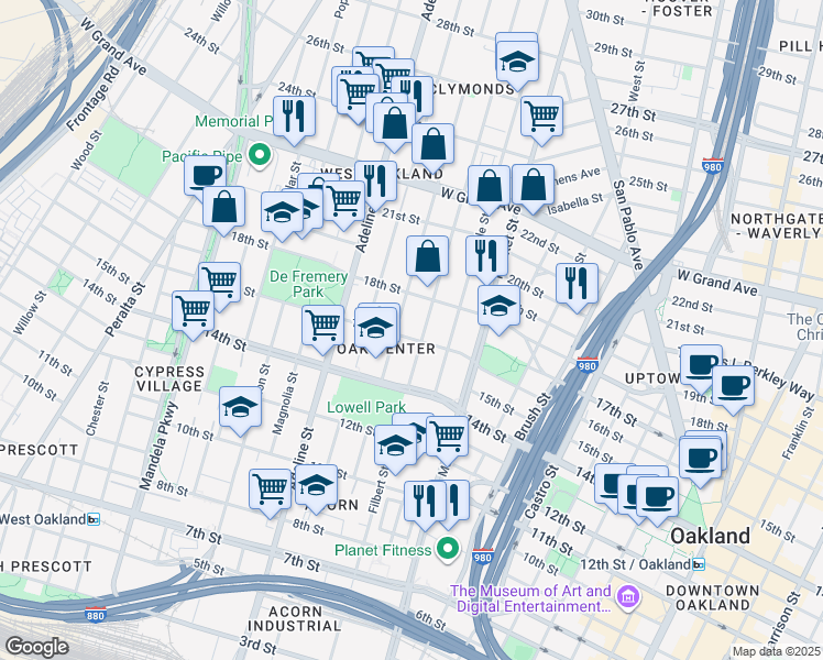 map of restaurants, bars, coffee shops, grocery stores, and more near 1014 16th Street in Oakland