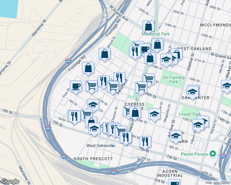 map of restaurants, bars, coffee shops, grocery stores, and more near 1219 Peralta Street in Oakland