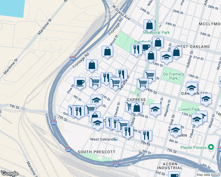 map of restaurants, bars, coffee shops, grocery stores, and more near 1657 12th Street in Oakland