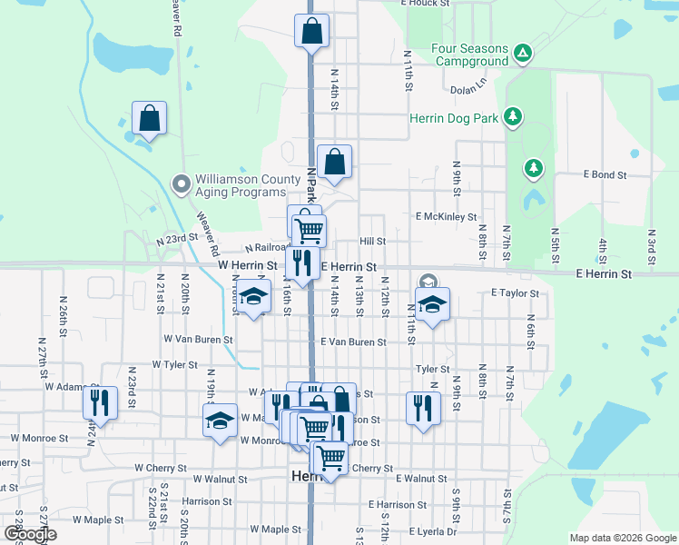 map of restaurants, bars, coffee shops, grocery stores, and more near 800-898 North 14th Street in Herrin