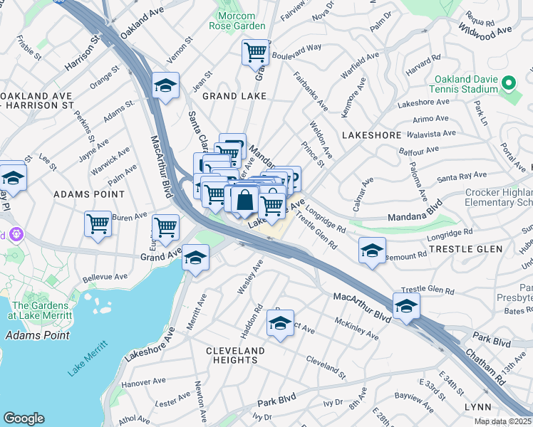 map of restaurants, bars, coffee shops, grocery stores, and more near 3227 Lakeshore Avenue in Oakland