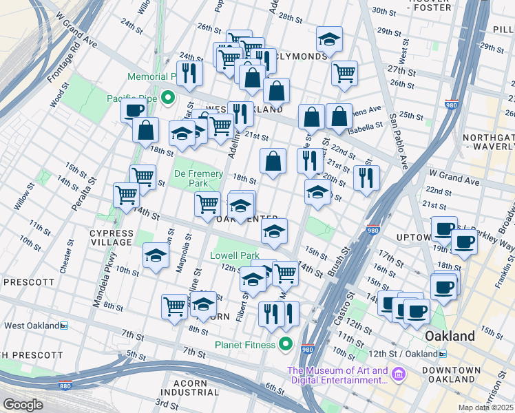 map of restaurants, bars, coffee shops, grocery stores, and more near 1014 16th Street in Oakland