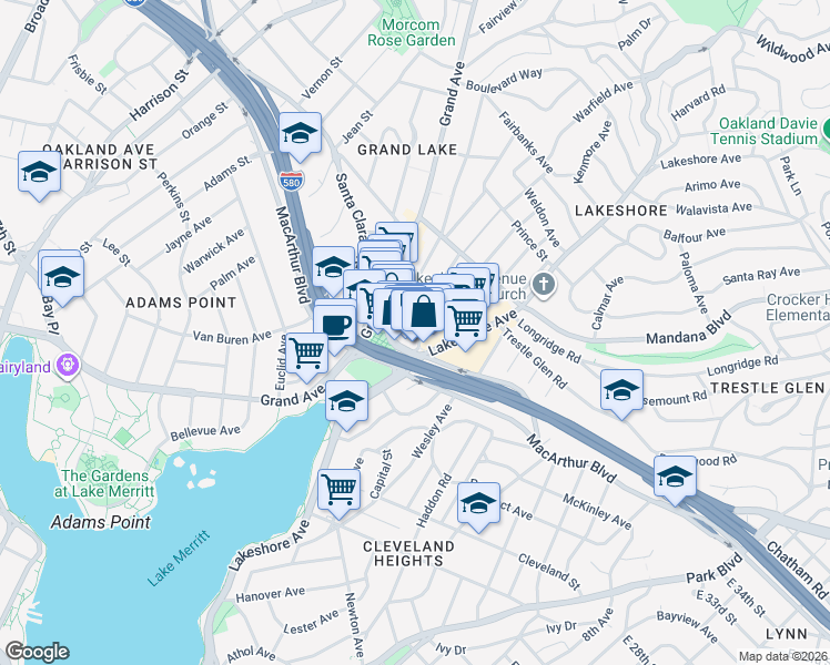 map of restaurants, bars, coffee shops, grocery stores, and more near 695 Rand Avenue in Oakland
