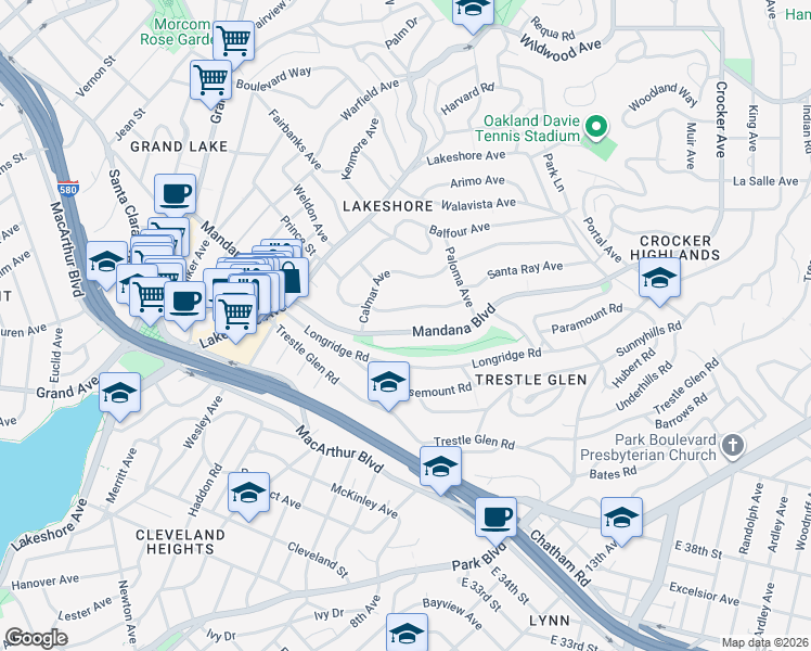 map of restaurants, bars, coffee shops, grocery stores, and more near in Oakland