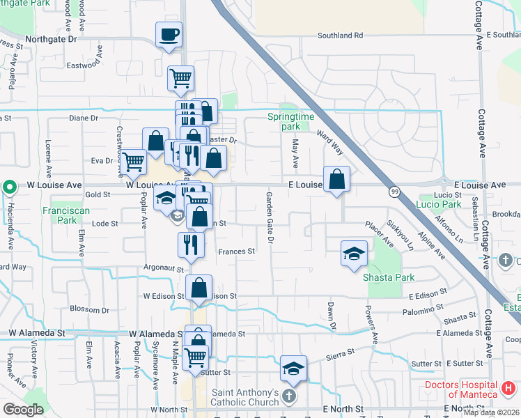 map of restaurants, bars, coffee shops, grocery stores, and more near 926 Garden Gate Drive in Manteca