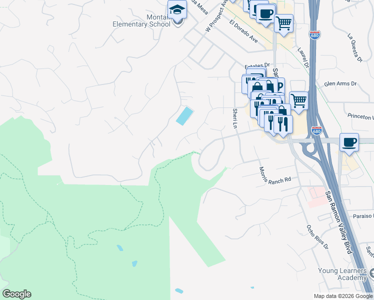 map of restaurants, bars, coffee shops, grocery stores, and more near 44 Loch Lomond Court in Danville