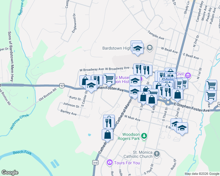 map of restaurants, bars, coffee shops, grocery stores, and more near 503 W Stephen Foster Ave in Bardstown