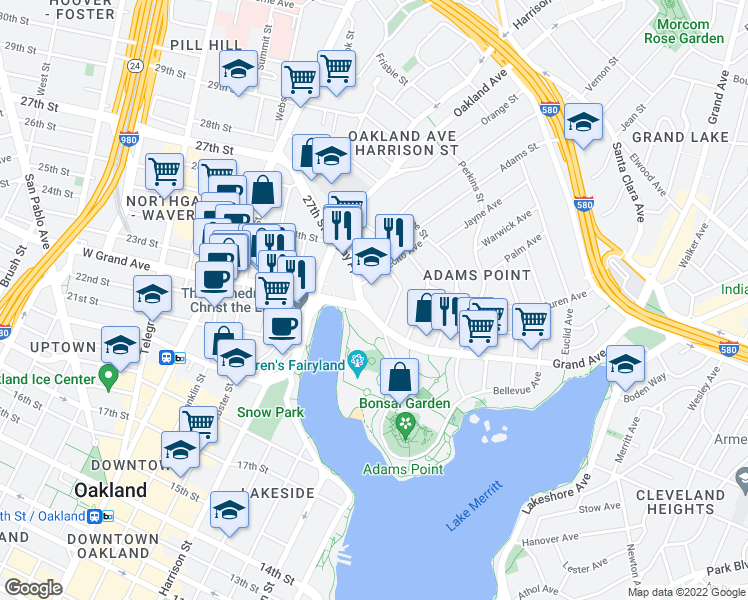 map of restaurants, bars, coffee shops, grocery stores, and more near 214 Grand Avenue in Oakland