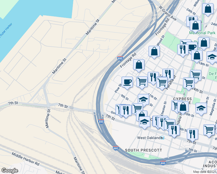 map of restaurants, bars, coffee shops, grocery stores, and more near 2217 9th Street in Oakland