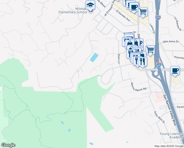 map of restaurants, bars, coffee shops, grocery stores, and more near 44 Loch Lomond Court in Danville