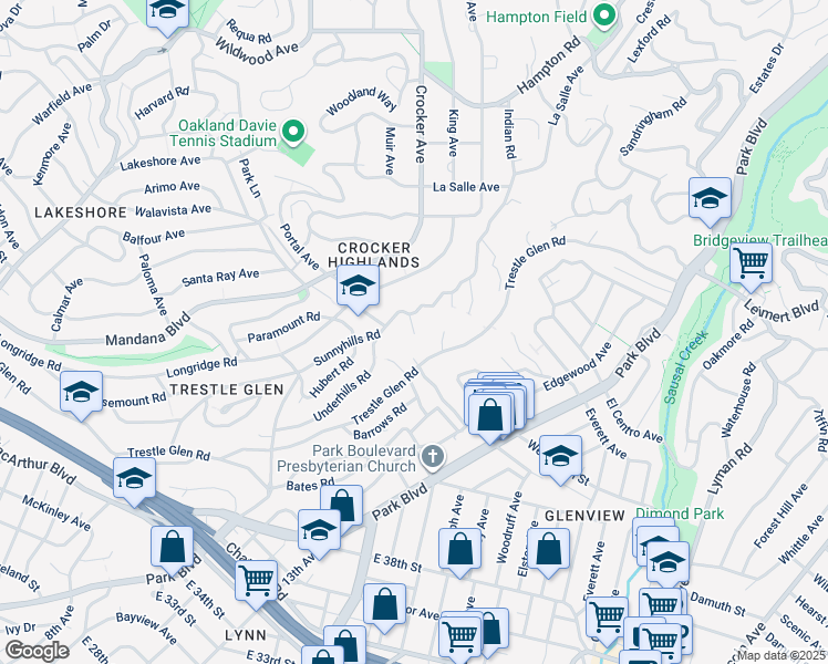map of restaurants, bars, coffee shops, grocery stores, and more near 1 Hillwood Place in Oakland
