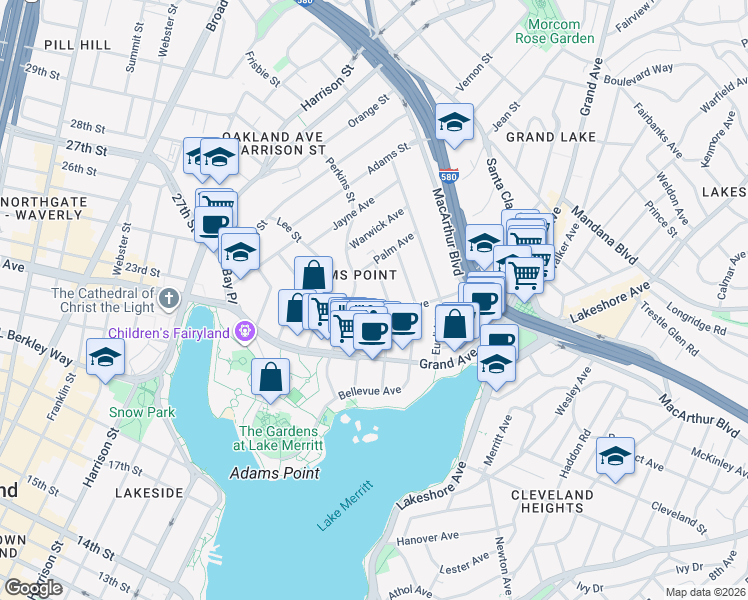 map of restaurants, bars, coffee shops, grocery stores, and more near 375 Van Buren Avenue in Oakland