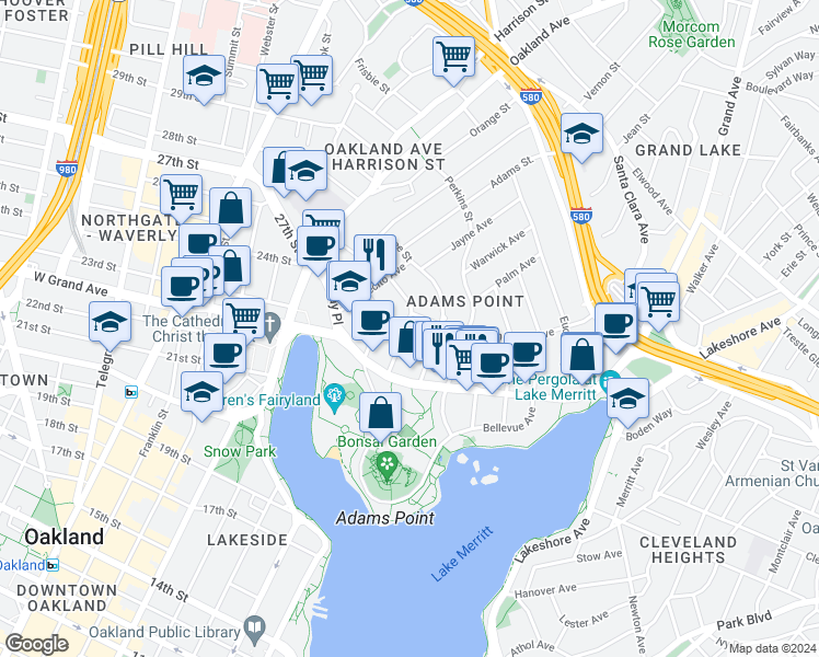 map of restaurants, bars, coffee shops, grocery stores, and more near 320 Lenox Avenue in Oakland
