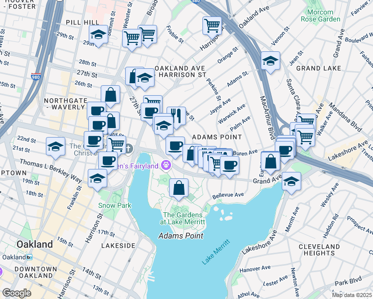map of restaurants, bars, coffee shops, grocery stores, and more near 320 Lenox Avenue in Oakland
