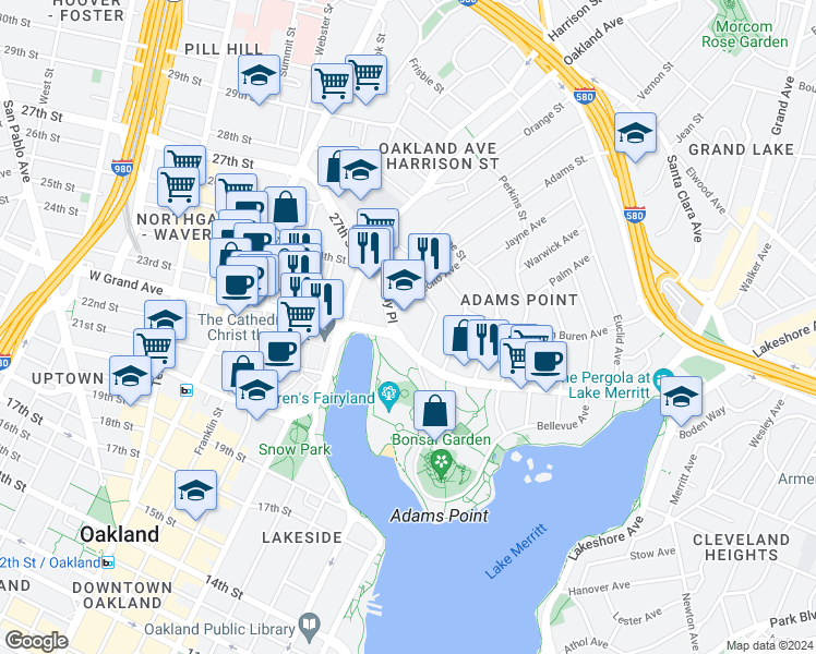 map of restaurants, bars, coffee shops, grocery stores, and more near 214 Grand Avenue in Oakland