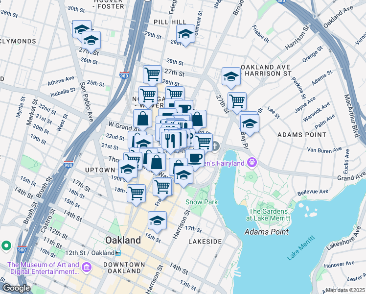 map of restaurants, bars, coffee shops, grocery stores, and more near 41 Grand Avenue in Oakland