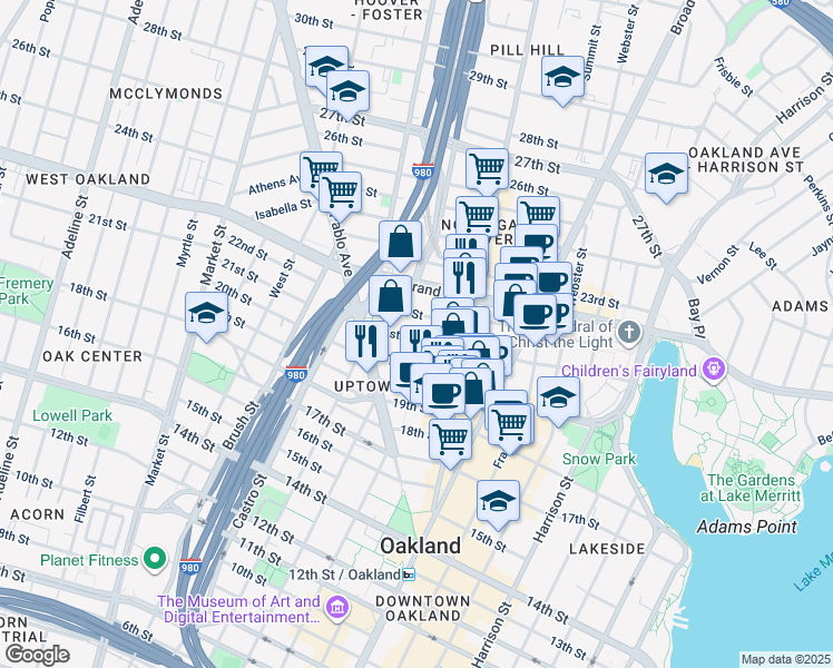 map of restaurants, bars, coffee shops, grocery stores, and more near 556 Thomas L Berkley Way in Oakland