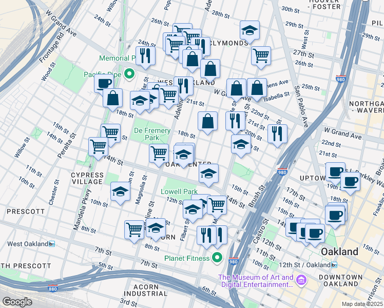map of restaurants, bars, coffee shops, grocery stores, and more near 1014 16th Street in Oakland